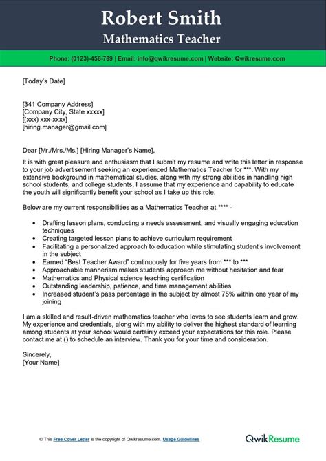 sample of application letter for the post of a mathematics teacher
