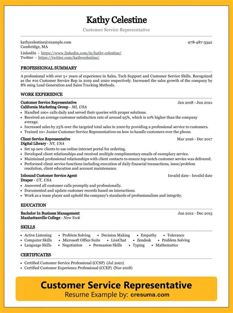 sample of cv for customer service representative