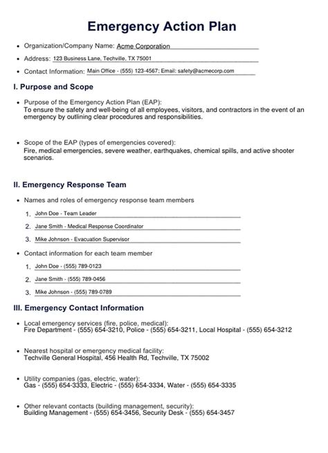 Sample Of Emergency Action Plan