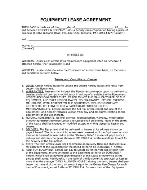 sample of equipment lease agreement