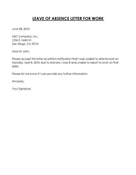 sample of letter to absent from work