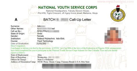 sample of nysc call up letter