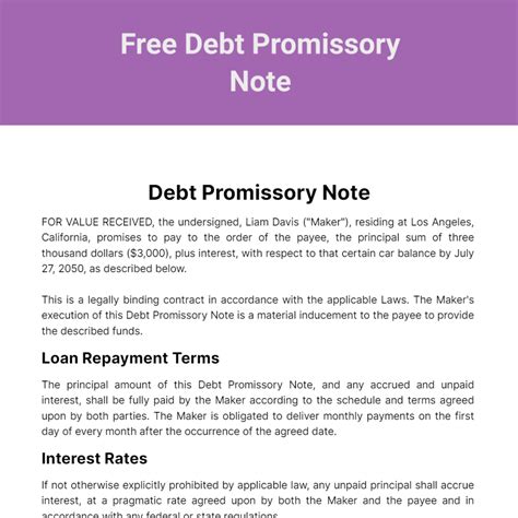 Sample Of Promissory Note For Debt