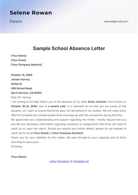 Sample Of School Absence Letter