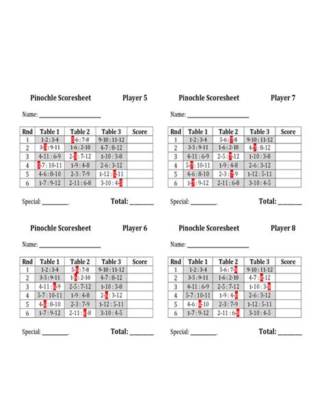 Printable Pinochle Score Sheets Download in PDF