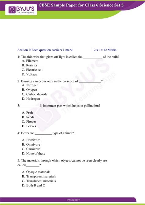 sample questions for class 6 science with answers