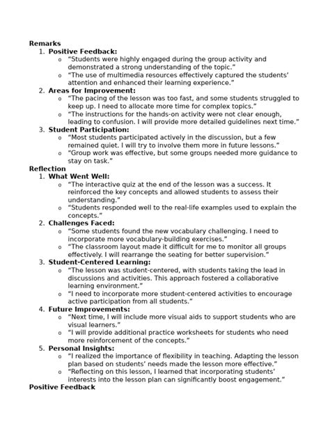 sample remarks and reflection in lesson plan pdf