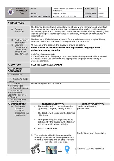 sample remarks in lesson plan example pdf