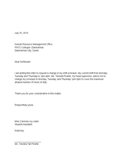 sample request letter for change of class schedule