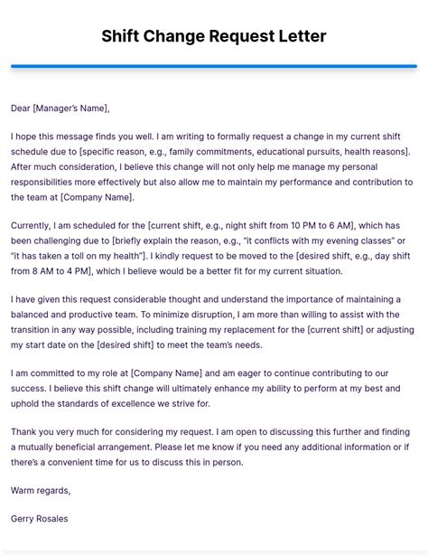 sample request letter for change of shift schedule