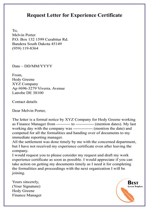 sample request letter for experience certificate in word format