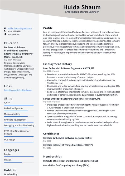 sample resume for experienced embedded software developer