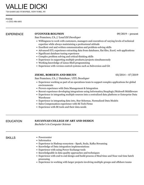 sample resume for experienced etl developer