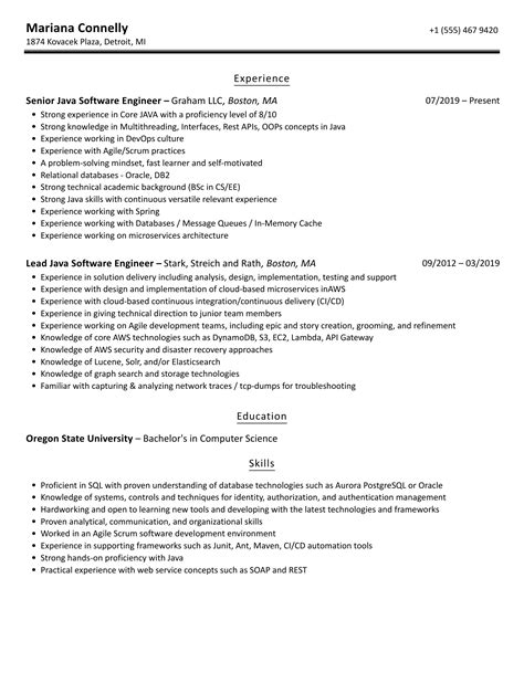 sample resume for experienced java software engineer