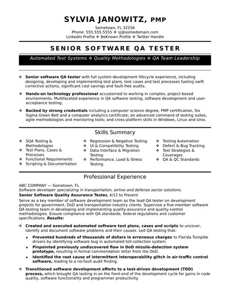 sample resume for experienced software tester