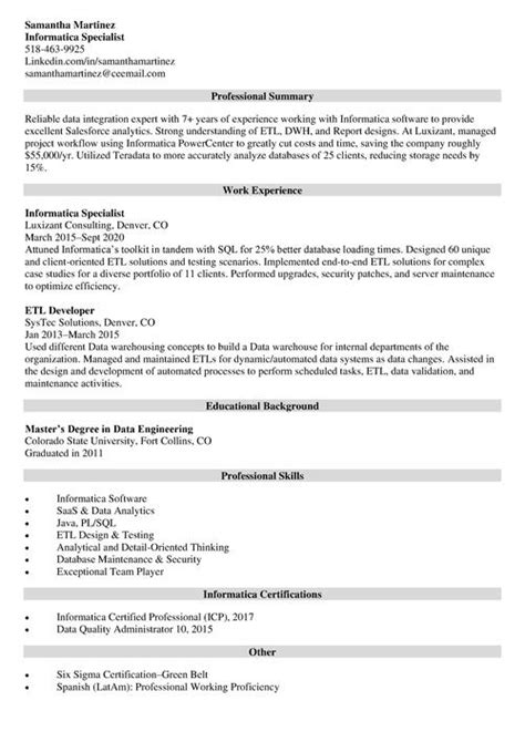 sample resume for informatica developer fresher