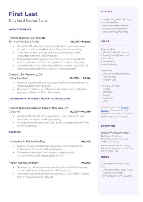 Sample Resume For Medical Coder Entry Level