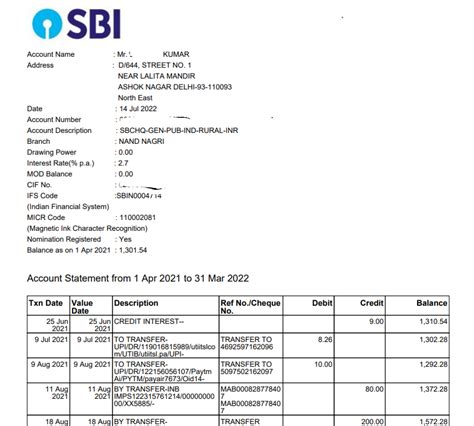 sample sbi bank statement