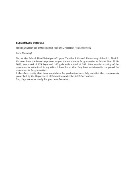 sample script for presentation of graduates elementary