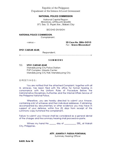 sample summons letter philippines