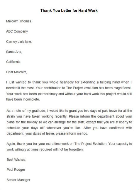 sample thank you letter to staff for hard work