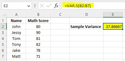 Sample Variance in Excel
