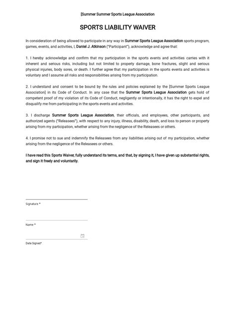 sample waiver of liability form sports