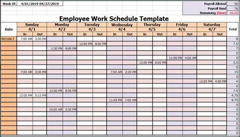 sample work schedule in excel