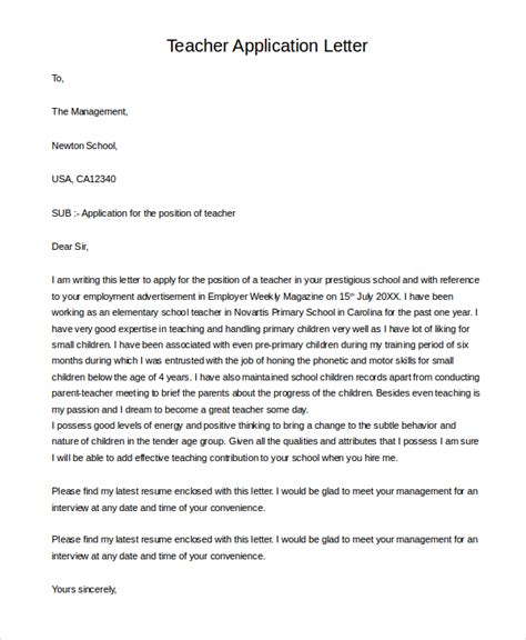 samples of application letters for teaching