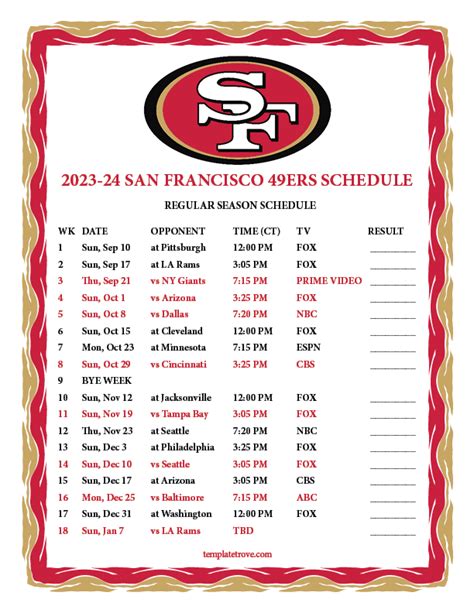 san fran 49ers schedule 2023 printable