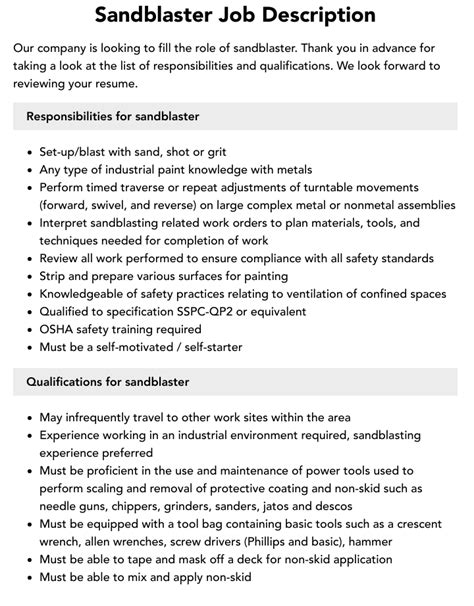 Sandblaster/Painter Job Description