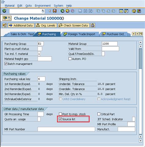 sap material source list tcode