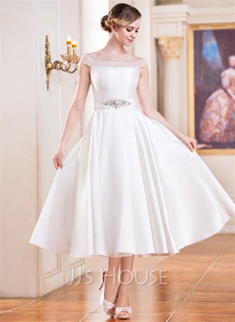 CAPRI Tea Calf Length Satin 1950s Wedding Dress With Cap Sleeve by Rita Mae