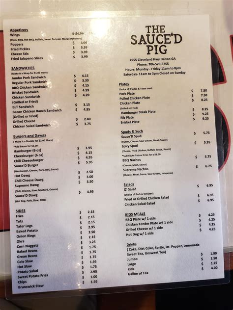 Sauced Pig Menu