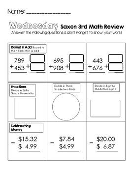 Saxon Third Grade Math Review Worksheet