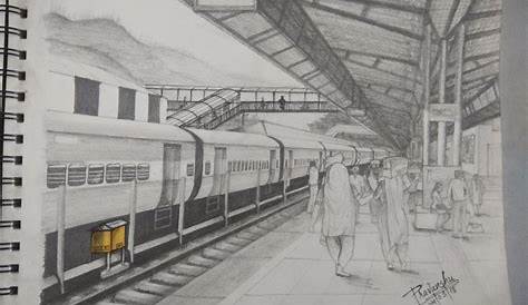 Scene Of Railway Station Sketch Grayscale Illustration An Underground Train