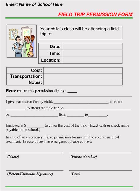 school field trip permission slip template