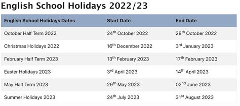 school holidays england 2022/2023
