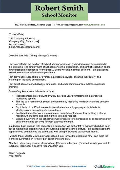 School Monitor Cover Letter