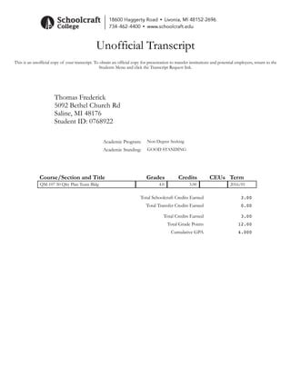 Schoolcraft Unofficial Transcript