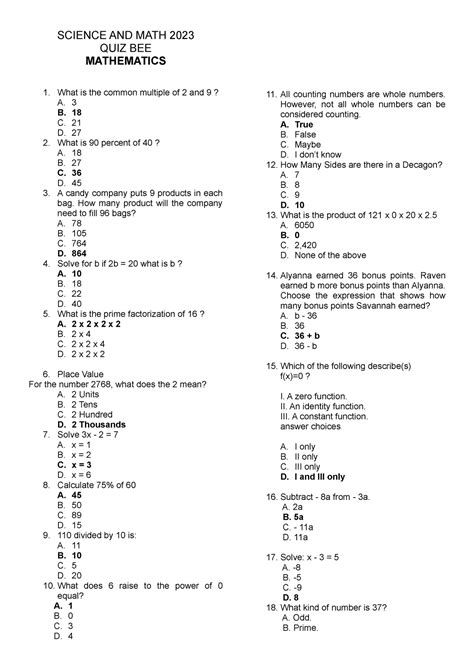 sci math quiz bee questions with answers pdf 2024