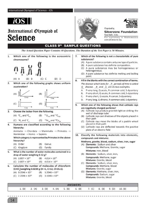 Science Olympiad Questions For Class 9 Pdf