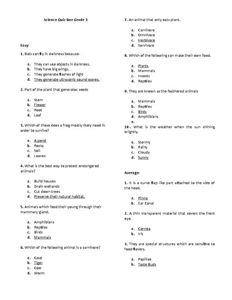 science quiz questions for class 3 with answers pdf