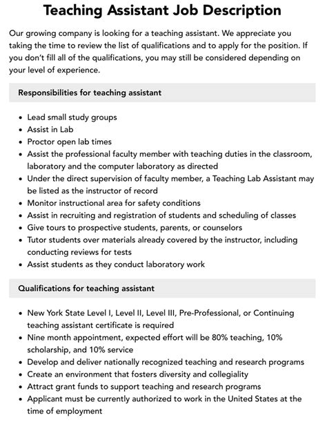 Science Teaching Assistant Job Description