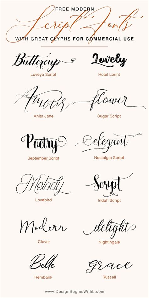 Script fonts with glyphs examples