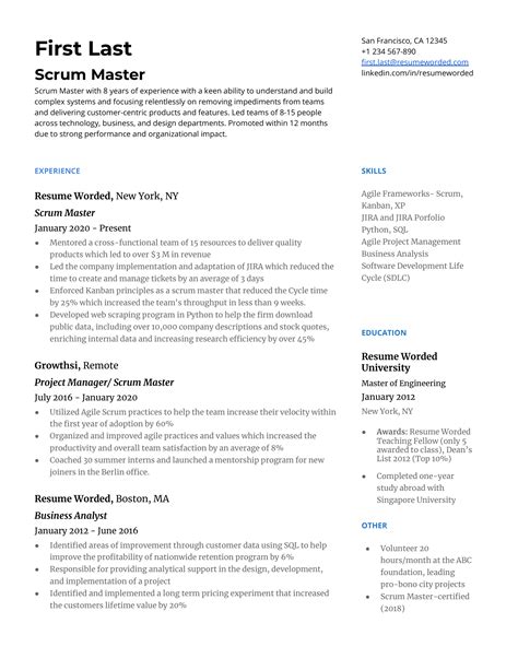 Agile Scrum Master Resume Example for 2021 Resume Worded