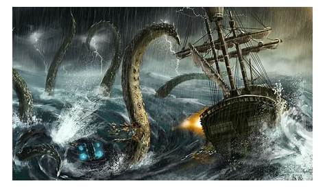 'Sea Monster Looks at a Sailing Ship' Giclee Print - R. Andre