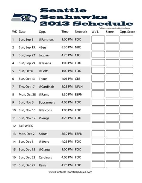 seattle seahawks football schedule 2013