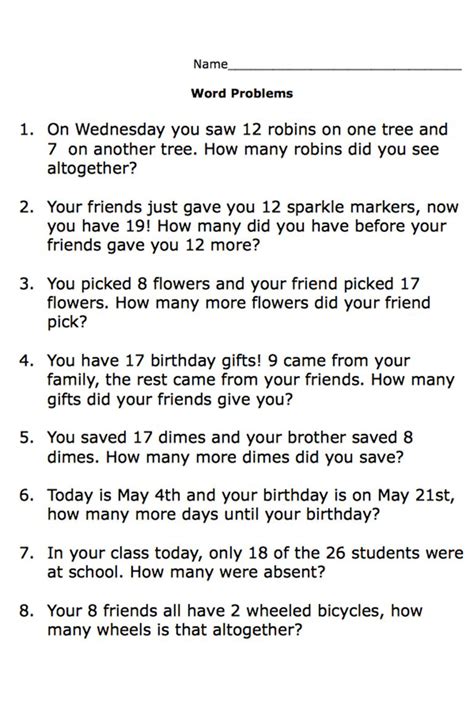 Second Grade Math Story Problems Printable