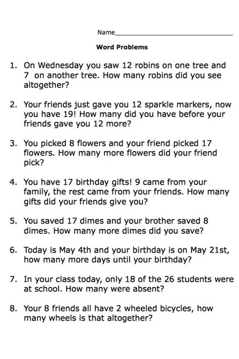 Second Grade Math Word Problems Free Worksheets